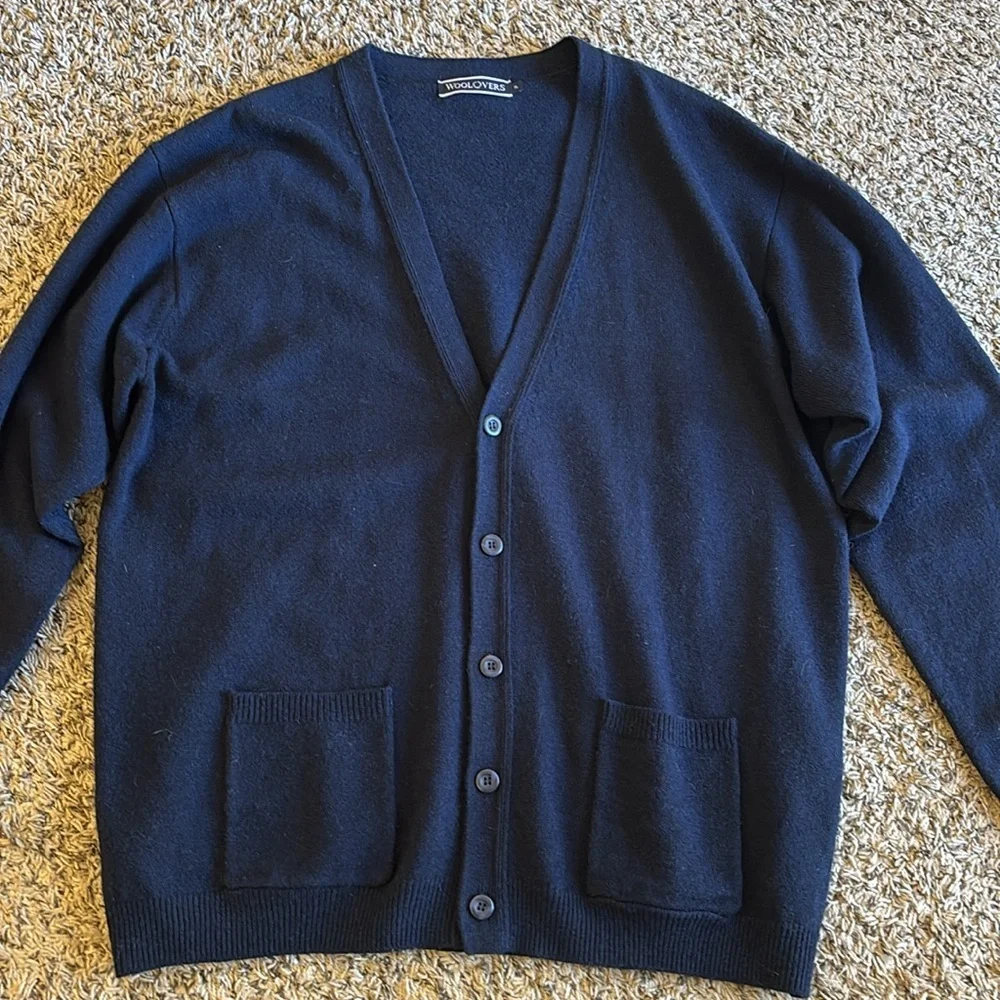 Woolovers Mens Lambswool‎ V Neck Pure Lambswool Cardigan Navy Blue Size XLarge